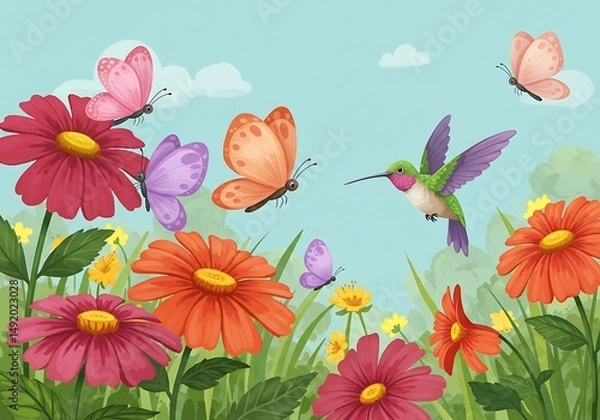 Fototapeta Hummingbird & Butterflies: Whimsical Watercolor Garden