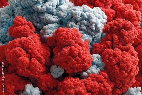 Fototapeta Close-up view of clustered protein structures in a vibrant red and light blue