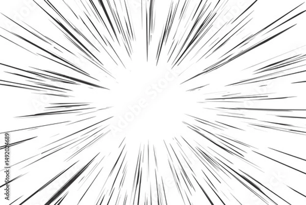 Obraz Comic speed lines background with radial burst effect. Cartoon anime action rays motion. Perspective zoom explosion with splashes. Vector abstract graphic