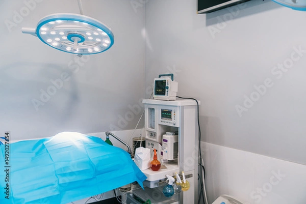 Fototapeta Empty operating room in a veterinary hospital, featuring a surgical lamp, an anesthesia machine, and a covered operating table, ready for a surgical procedure