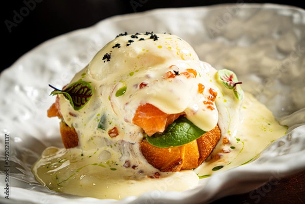 Obraz A tasty toast topped with smoked salmon, creamy sauce, and fresh greens—perfect for brunch!