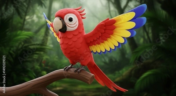 Fototapeta Cheerful Scarlet Macaw: 3D Render, Lush Jungle