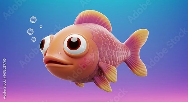 Fototapeta Adorable 3D Render: Playful Peach Fish, Gradient Background