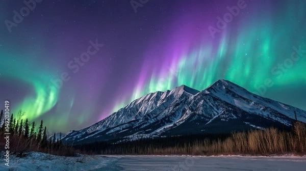 Fototapeta Vibrant green and purple aurora dancing over snowy peaks, a celestial spectacle of nature's magic.