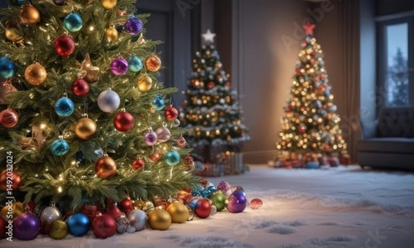 Obraz Festive Christmas tree, colorful baubles, sparkling lights, winter wonderland ,  shiny,  purple
