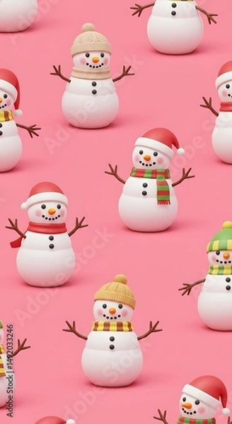 Fototapeta Joyful Snowmen: Pink Winter Wonderland 3D Render