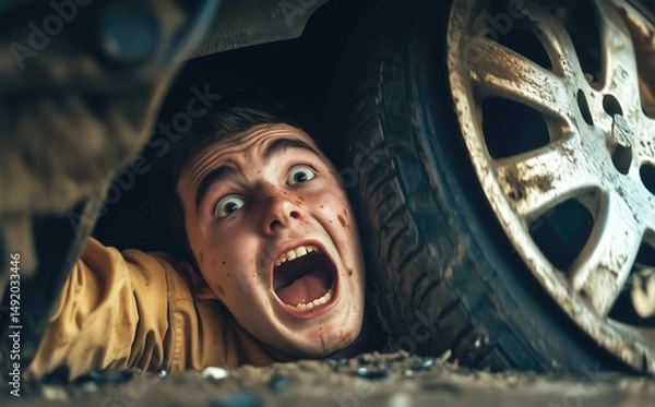 Fototapeta Man asking for helping from injury. Car accident Concept. Generative Ai.