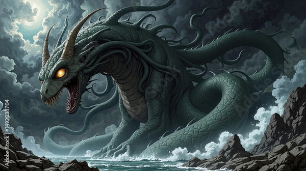 Fototapeta A colossal serpentine dragon rises from turbulent ocean waves, scales gleaming under a stormy moonlit sky. Ancient guardian of the sea depths.