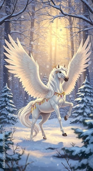 Fototapeta Winter's Majesty: A Winged Horse in a Snowy Forest