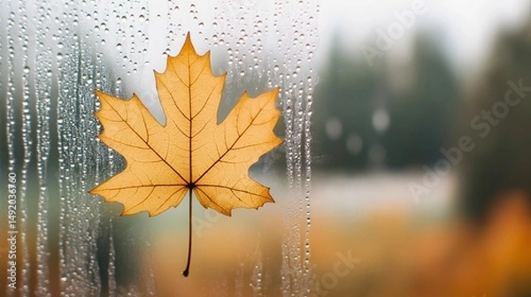 Fototapeta A single golden maple leaf pressed against a misty window covered in raindrops, with a blurred view of a tranquil autumn landscape beyond. 