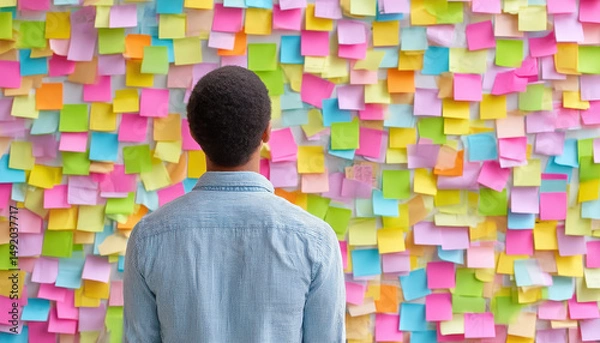 Fototapeta Person stands office facing colourful wall covered with paper notes showing creativity and chaos brainstorming work planning project management