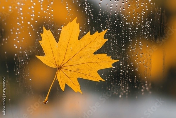 Fototapeta A vibrant yellow maple leaf clings to a rain-speckled windowpane, with soft-focus autumn foliage in the background. 