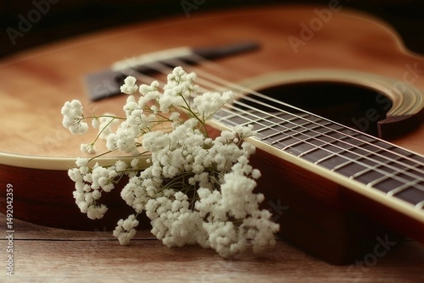 Fototapeta Delicate white gypsophila flowers resting gently on the smooth wooden surface of an acoustic guitar, with soft natural light enhancing the warm tones of the strings and body.