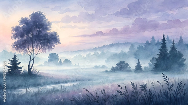 Fototapeta Misty July morning watercolor background in soft pastel blues and purples, dreamy foggy ambiance with ethereal swirls