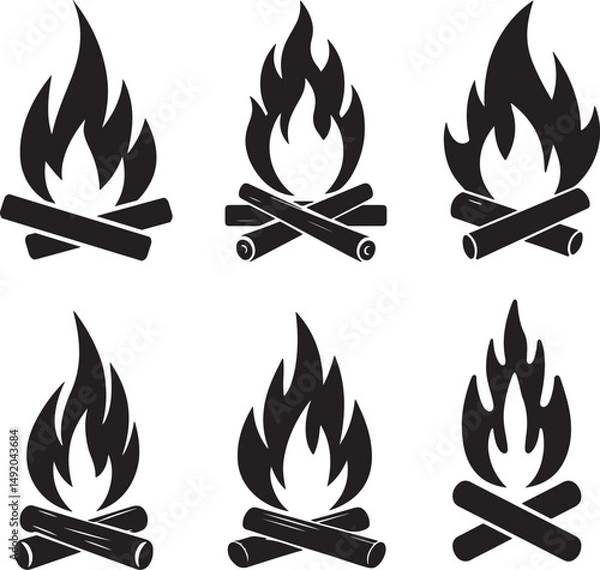 Fototapeta Collection of Stylized Campfire Silhouettes set  with Crossed Logs