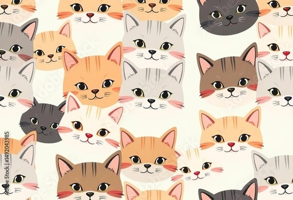 Obraz Adorable cat faces in a repeating seamless pattern, ideal for kids' fashion and home decor, vector, cat