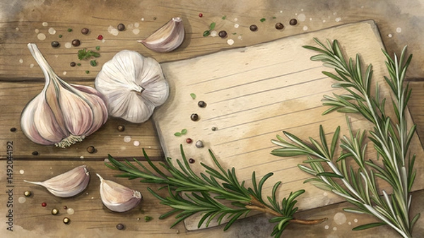 Fototapeta Watercolor rustic wooden table with garlic and rosemary, warm farm-to-table aesthetic, cozy culinary backdrop with copy space