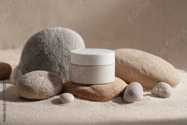 Obraz A white skincare jar sits on beach sand among smooth stones, symbolizing purity, natural care and the calm energy of mineral-based beauty rituals.

