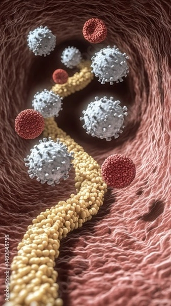 Fototapeta Microscopic View of Blood Vessel with White Blood Cells Red Blood Cells and Cholesterol Plaque Inside Artery