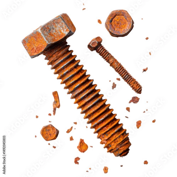 Obraz isolated transparent Background. Rusty bolt and screw with corroded surface and scattered rust flakes isolated on white