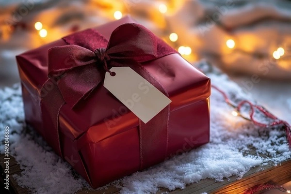 Fototapeta Elegant Christmas gift box wrapped in glossy red paper with a silky ribbon and a blank tag, placed on a snow-dusted wooden surface with soft glowing fairy lights in the background.