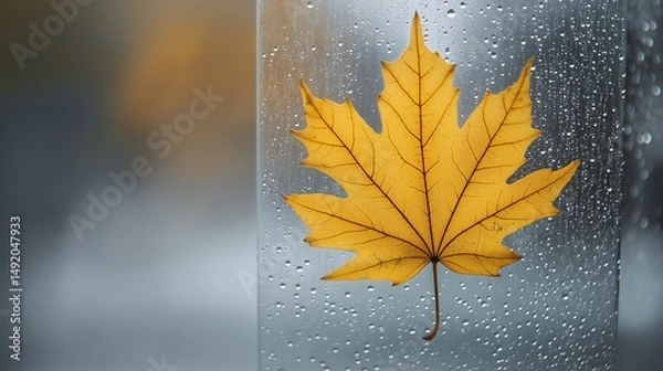 Fototapeta Vivid yellow maple leaf resting on a misty glass window, raindrops forming delicate patterns as the cool autumn light filters through. A cozy, nostalgic scene evoking the beauty of the fall season.