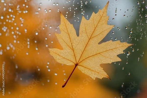 Fototapeta Golden maple leaf pressed against a rain-speckled window, with blurred autumn foliage in the background. Droplets create a soft, dreamy effect, capturing the essence of a peaceful rainy fall day.