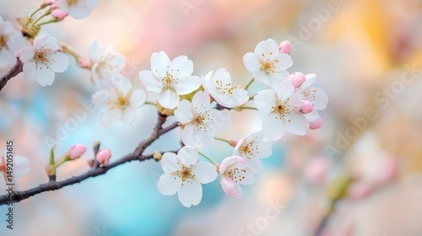 Fototapeta A mesmerizing scene of cherry blossom branches in full bloom, set against a blurred nature-inspired background with soft hues of pink and blue. 