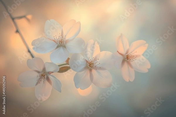 Fototapeta Soft-focus cherry blossoms on delicate spring branches, bathed in warm sunlight against a dreamy, pastel-toned abstract background. 