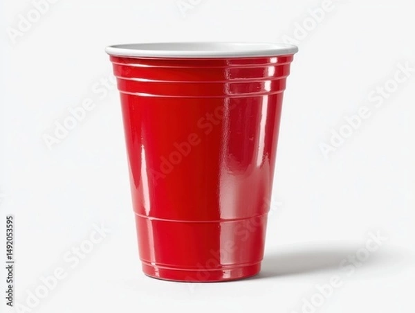 Fototapeta Red plastic cup on white background studio shot single object party beverage container disposable drinkware