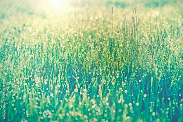 Fototapeta Dew drops illuminated by sunlight on spring grass