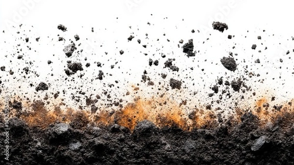 Obraz Soil and rocks exploding upwards against a white background.  A dynamic image showcasing texture and movement