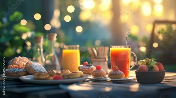 Fototapeta A scenic outdoor cafe setting with a stylishly set breakfast table, showcasing gourmet pastries, fresh juice, and aromatic coffee. 