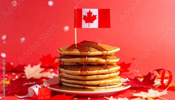 Obraz canada day pancakes with flag colors on red background with silver confetti and serpentine