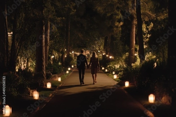 Fototapeta Couple Walking Hand-in-Hand Down Candlelit Path at Night, Evoking Romance and Intimate Celebration, Perfect for Anniversary or Date Night Concepts : Generative AI