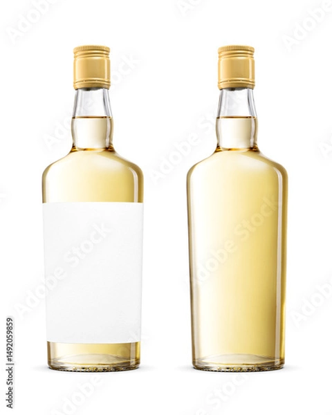 Fototapeta Whisky or brandy in a clear glass bottle with screw cap an blank label isolated. Transparent PNG image.