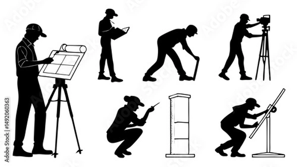 Fototapeta Silhouettes of Surveyors Architects and Engineers Working with Technical Tools and Equipment Vector Illustration Set