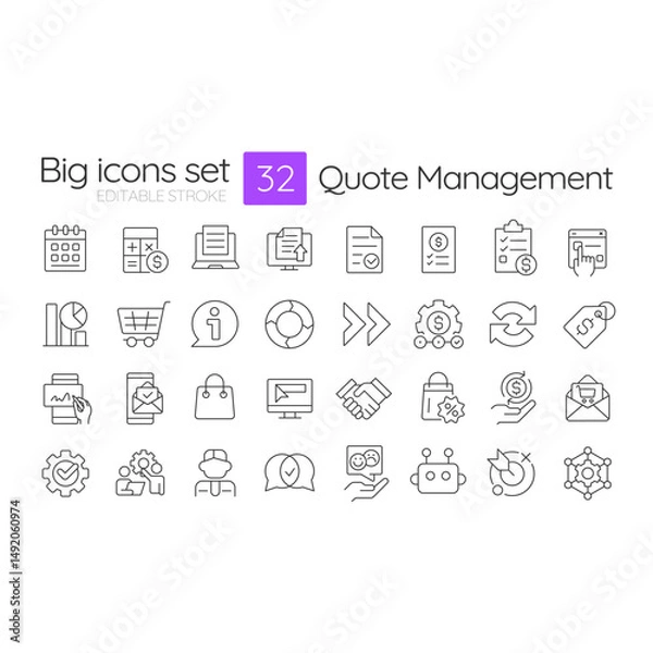 Obraz Quote management line icons set. Product strategy, analytics. Workflow communication, statistics. Isolated vector outline illustrations. Thin lineart iconset symbols. Editable stroke