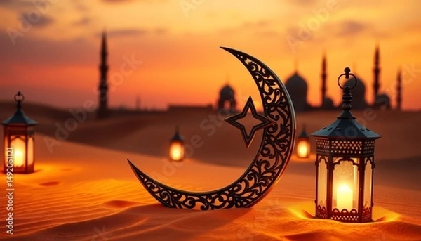 Fototapeta Ramadan Lanterns and Crescent Moon in Desert at Sunset
