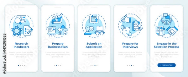 Obraz Startup incubator recruitment blue onboarding mobile app screen. Walkthrough 5 steps editable graphic instructions with linear concepts. UI, UX, GUI. Montserrat SemiBold, Regular fonts used