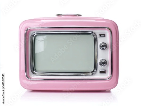 Fototapeta Retro pink television set on white background studio shot front view vintage style home appliance entertainment device