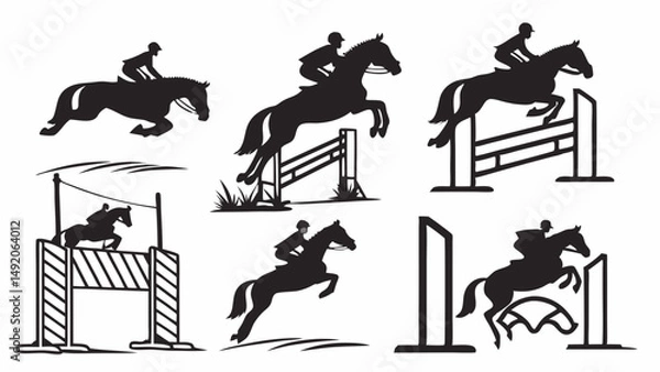 Fototapeta Black and White Equestrian Horse Jumping Silhouettes Vector Set Riders and Horses Leaping Over Show Jumping Fences