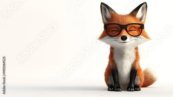 Fototapeta 3D render of a cute fox wearing glasses, sitting on a white background, appearing friendly and playful.