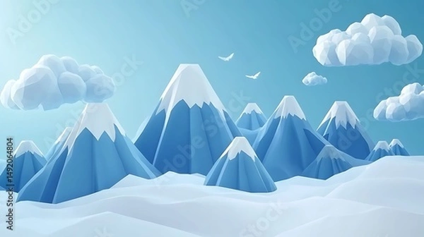 Fototapeta 3D render depicts stylized blue mountains with white snow caps, scattered clouds, and a bright sky.