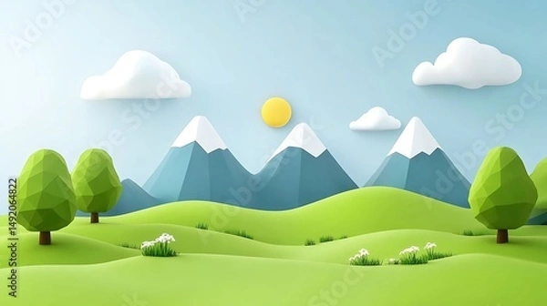 Fototapeta 3D render of a stylized landscape featuring green hills, trees, mountains, and a bright sun with fluffy clouds.