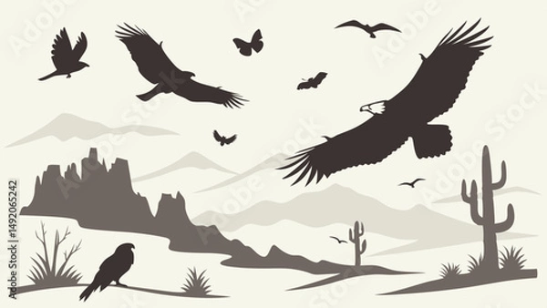 Fototapeta Flying Eagles and Birds Silhouette Art in Desert Landscape with Mountains and Cacti