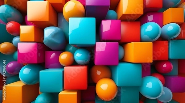 Fototapeta 3D render of colorful cubes and spheres arranged in a dense, glossy, geometric composition.