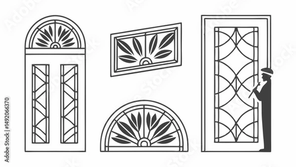 Fototapeta Decorative Window Grille Designs Arched Rectangular and Half-Circle Architectural Line Art Patterns