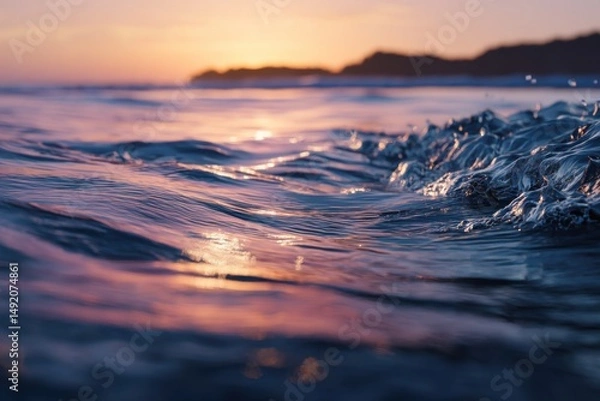Obraz Ocean Wave at Sunset With Pink and Orange Sky, Illustrating Tranquility and Coastal Travel Destinations for Tourism Marketing Campaigns : Generative AI
