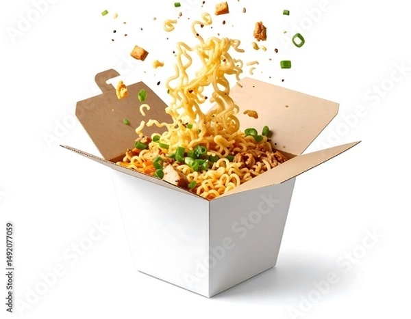Obraz Noodles Exploding From White Takeout Box on a Clean White Background